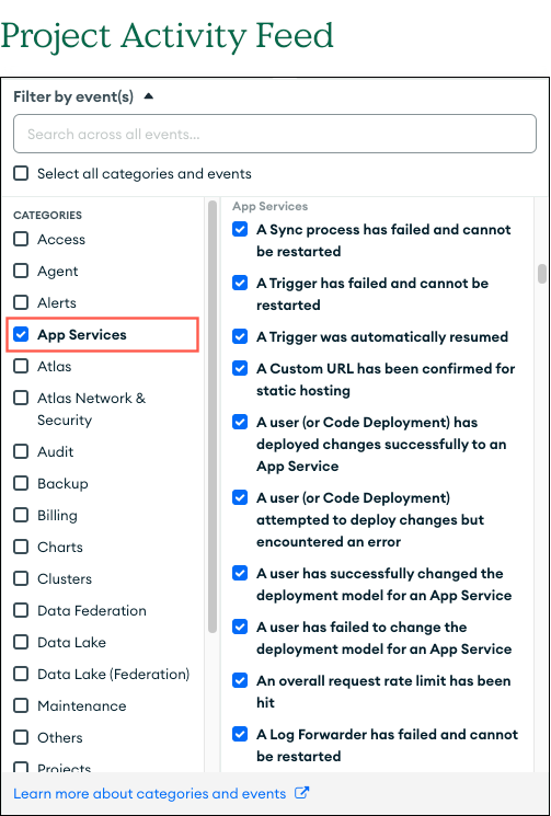 Filter App Services activities in the Atlas UI