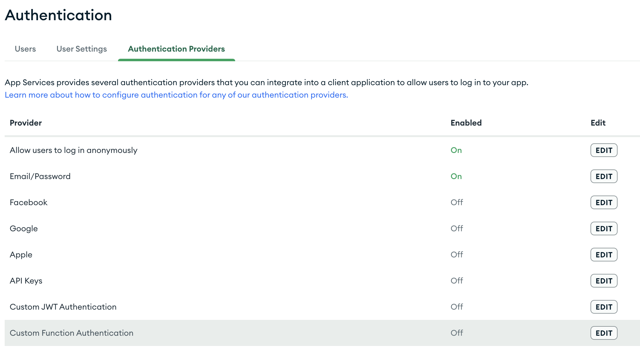 The list of authentication providers in the App Services UI with the Custom Function provider highlighted.