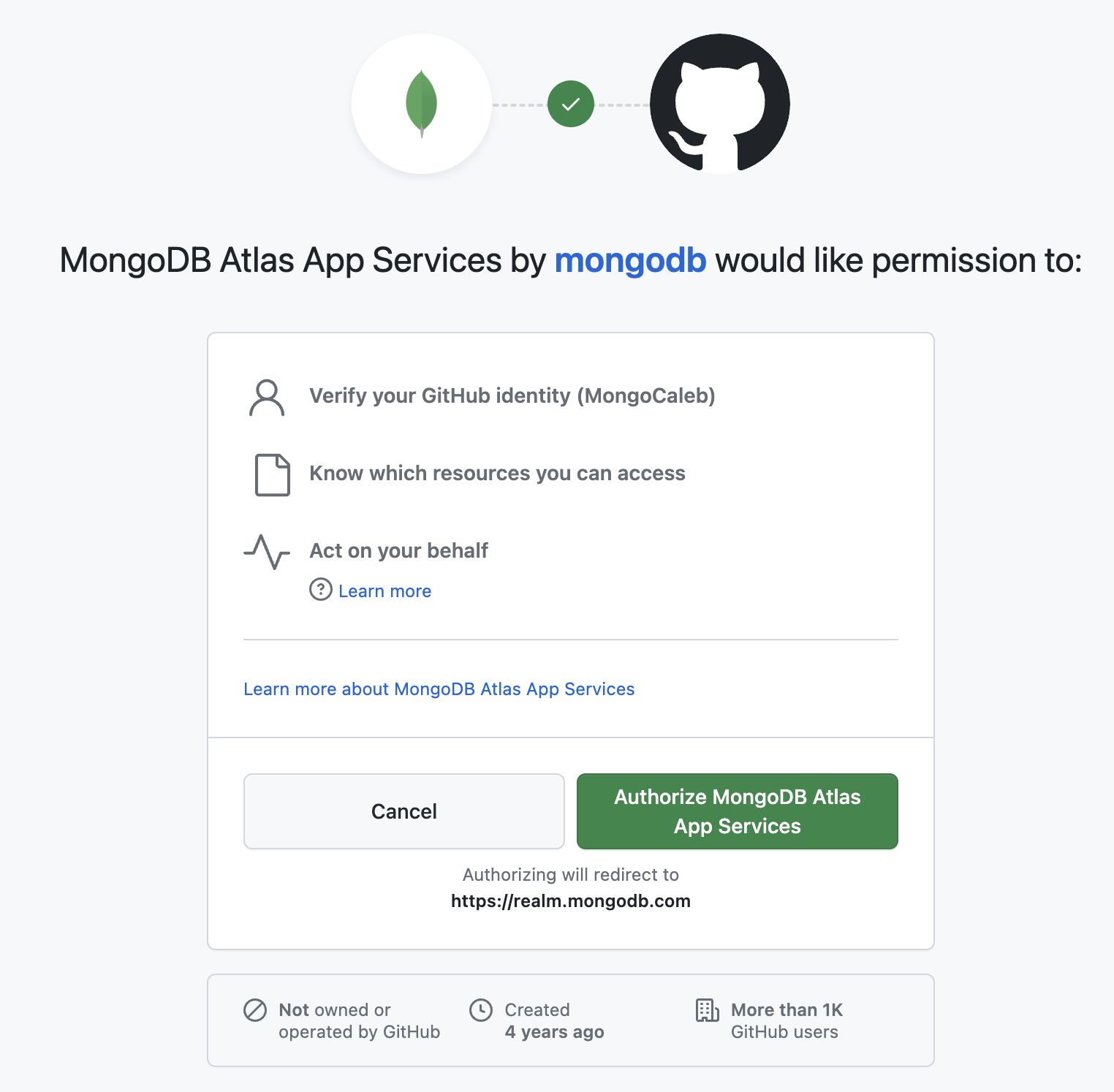 GitHub Application authorization request screen