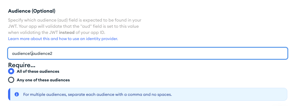 The Custom JWT audience configuration input with multiple audiences