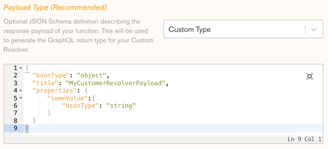 A custom resolver configuration that defines a new custom payload type.