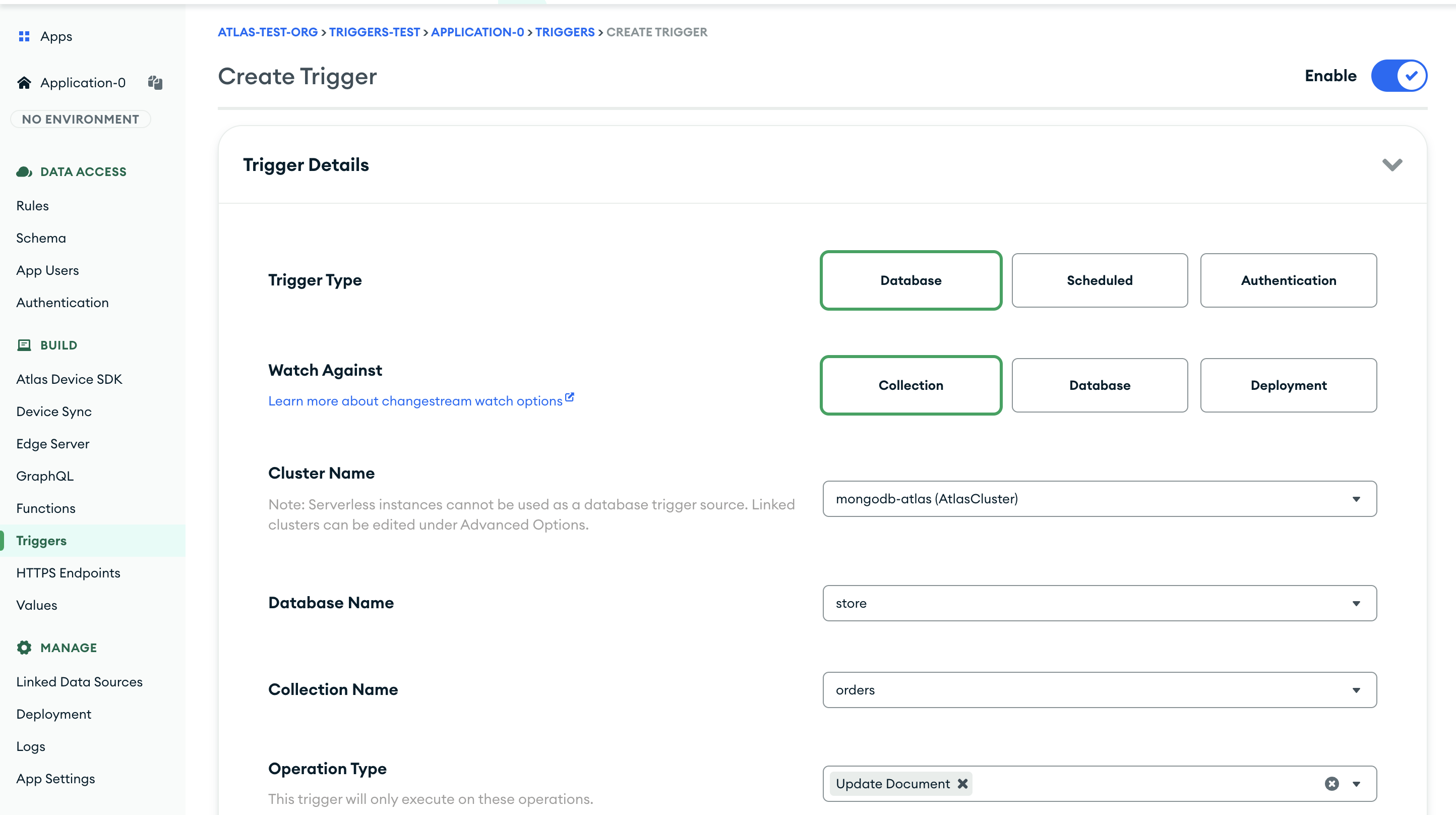 Example UI that configures the trigger