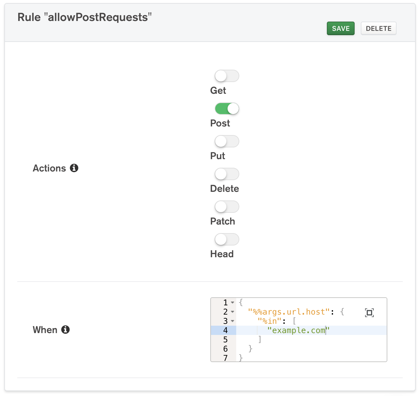 An example rule configuration for the HTTP service in the UI