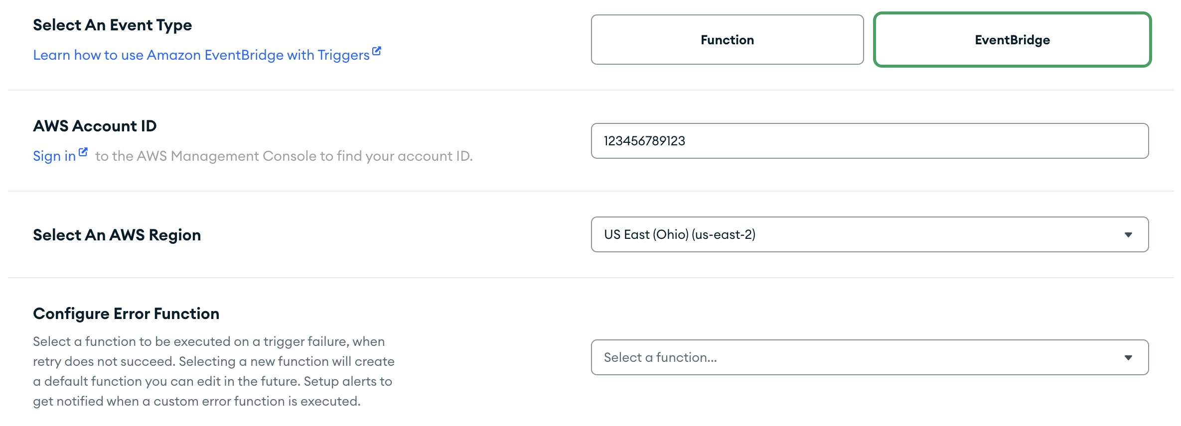 The EventBridge input boxes in the trigger configuration.