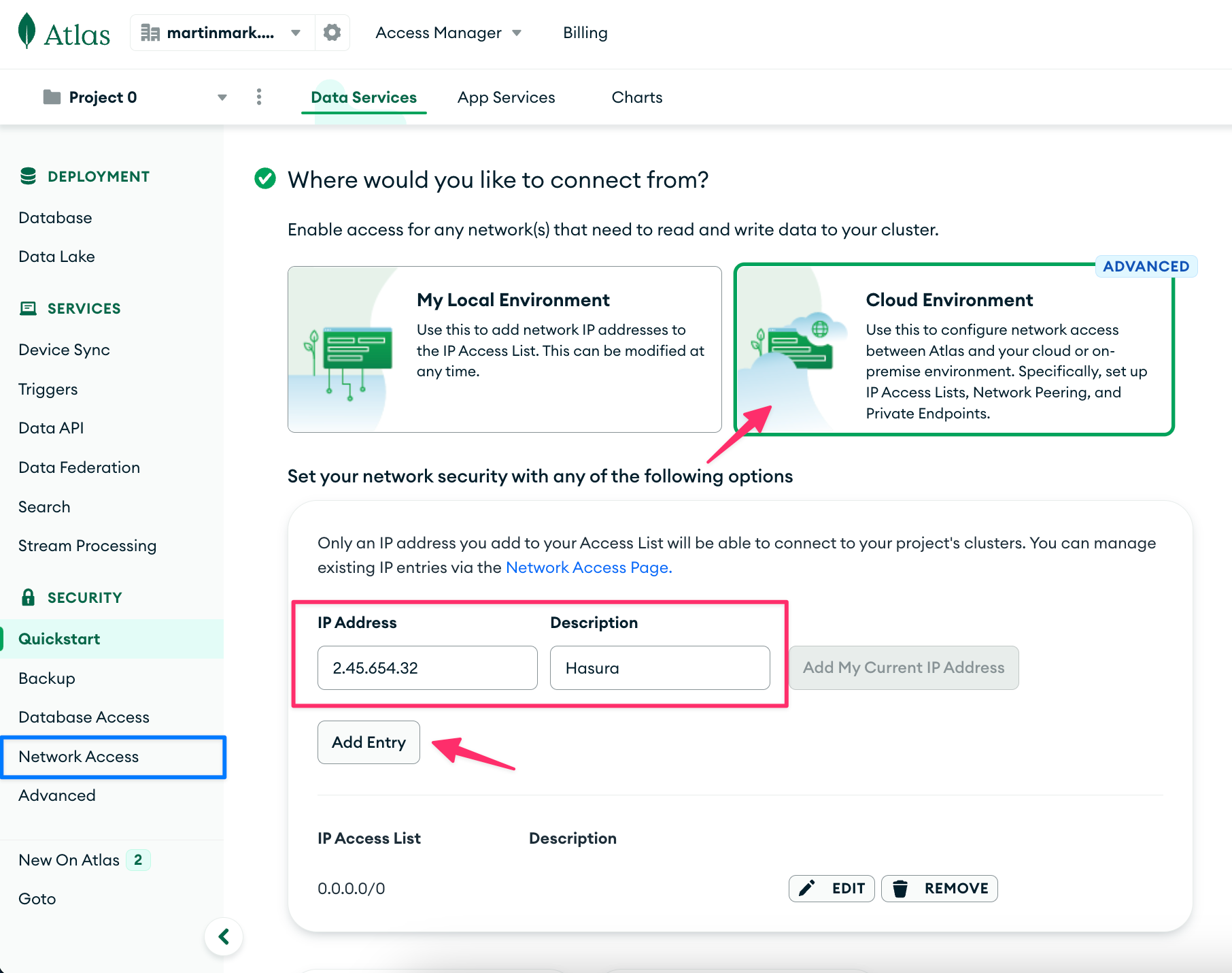 Network access page.