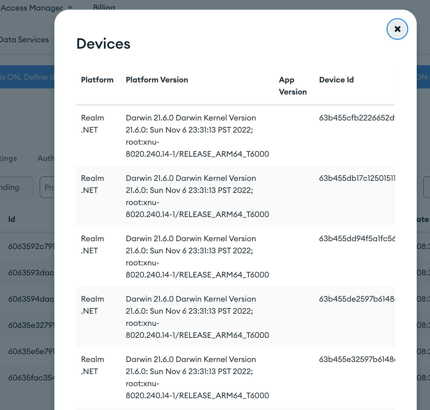 A detail view for a specific user that lists devices they've used with your app