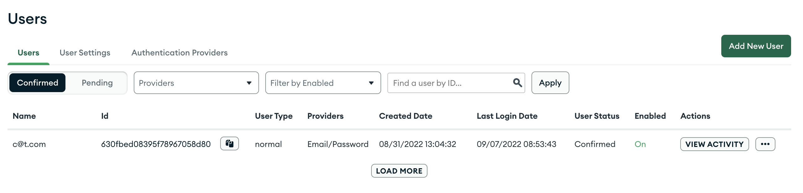 The Users screen in the UI, which shows a filterable list of all users