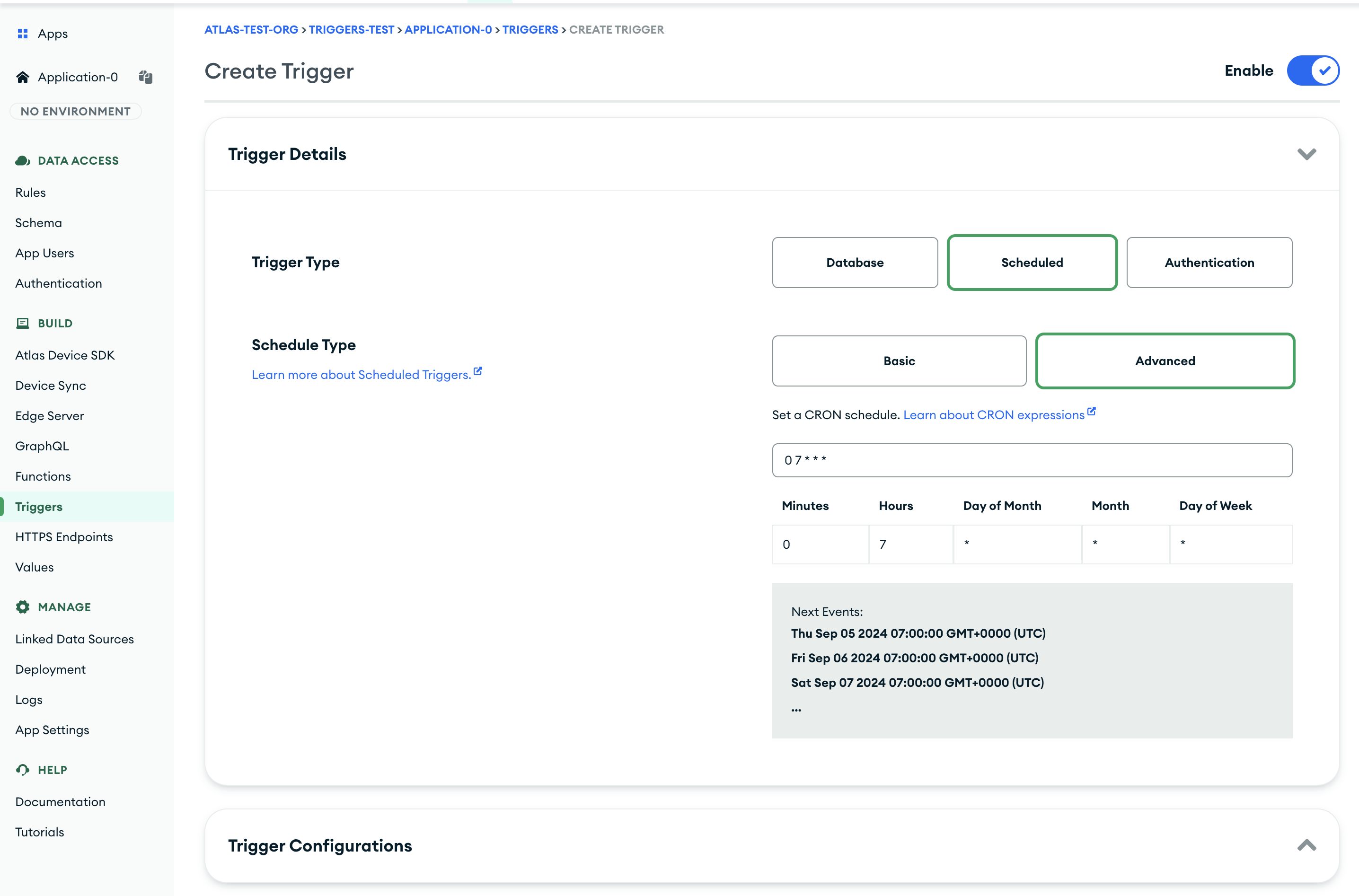 Example UI that configures the trigger
