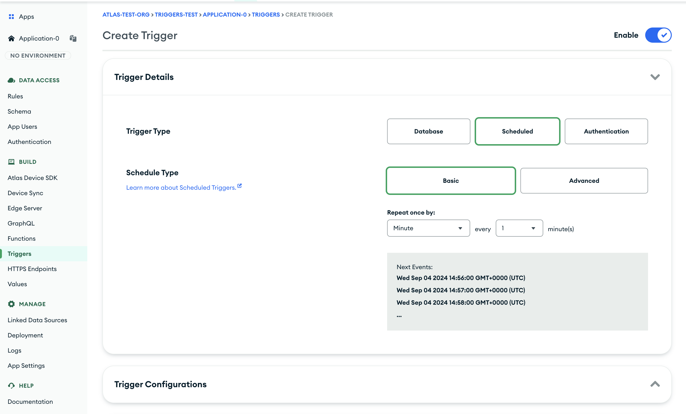 Creating a Trigger in the App Services UI.